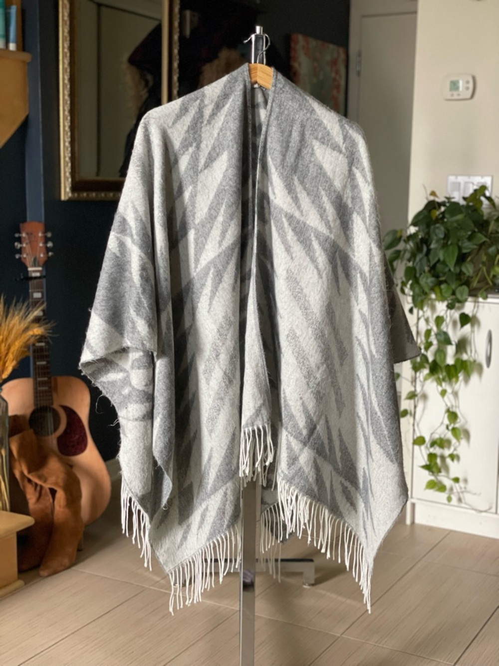 Soft Gray & White Geometric Fringe Poncho - Classic Wrap